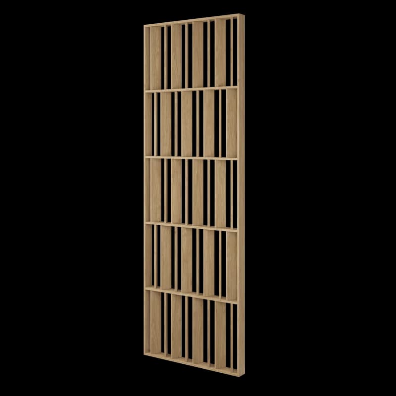 A tall, narrow wooden room divider consisting of a frame with multiple horizontal shelves. Each shelf has evenly spaced vertical slats, creating an open, slatted design. — 3D model
