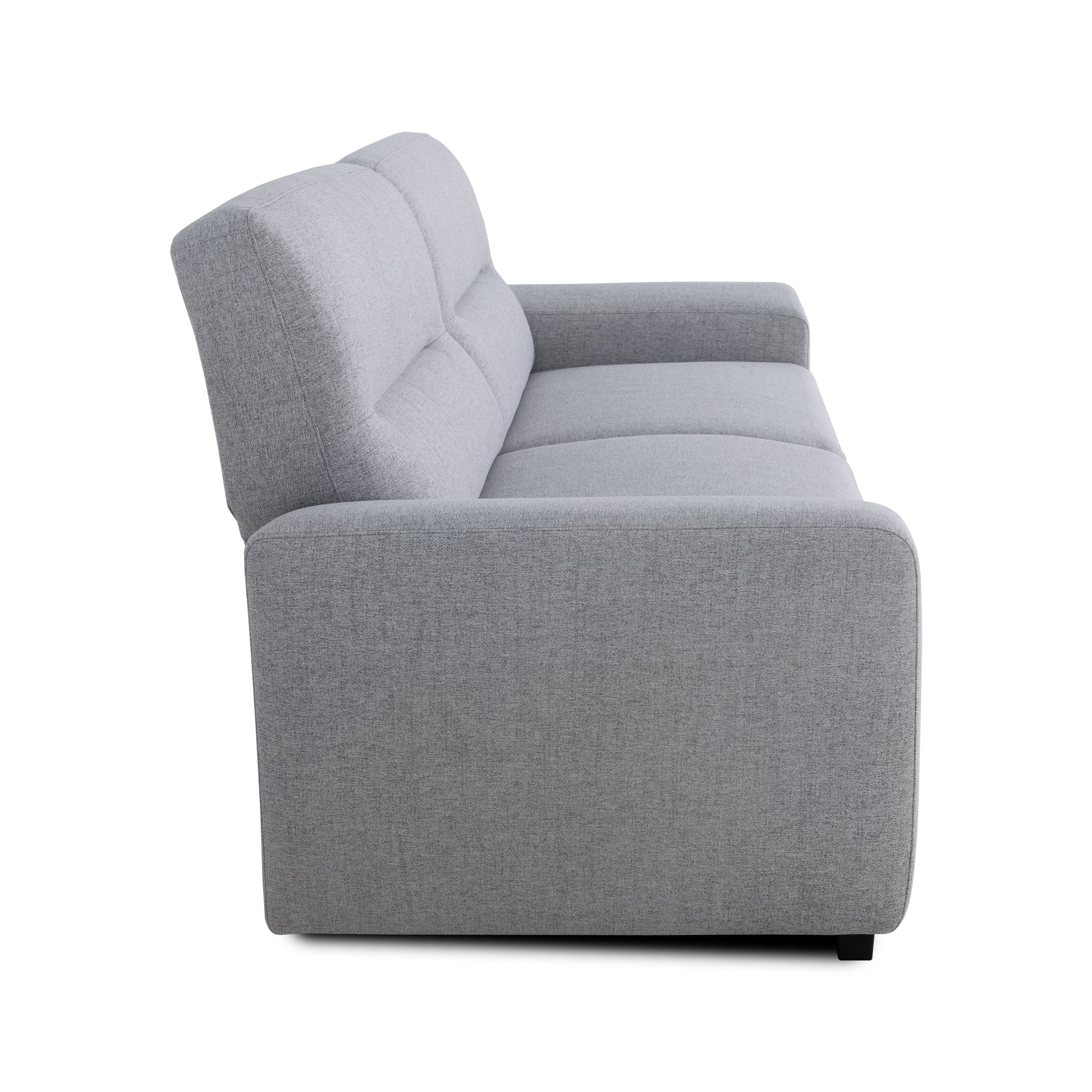 A contemporary three-seater sofa upholstered in a light grey textured fabric, featuring clean lines, track arms, and segmented back cushions. — 3D model
