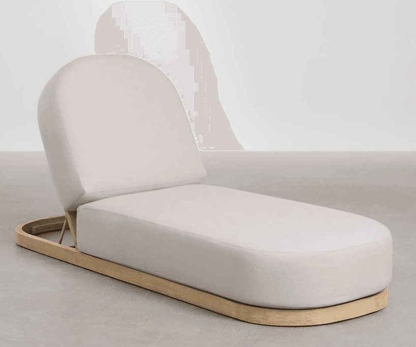 A modern upholstered chaise lounge with a light-colored fabric and an adjustable rounded backrest, set on a curved wooden sled base. — 3D model