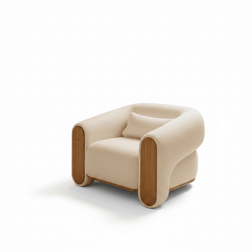A contemporary armchair with a rounded, sculptural silhouette. It features a boucle-like textured upholstery in a light cream color and is accented with curved wooden panels on the sides. A single, small cushion is placed on the seat. The base is a low-profile wooden frame. — 3D model