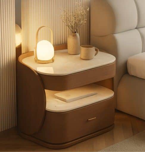 A contemporary nightstand featuring a rounded, organic design crafted from light-toned wood, complem… — 3D model