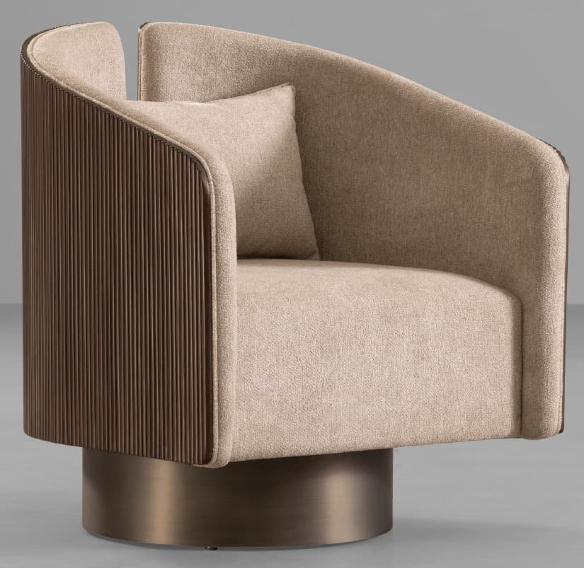 A contemporary swivel armchair featuring a rounded, high-back design. The interior and seat are upholstered in a textured, light beige fabric, accompanied by a matching lumbar pillow. The exterior of the curved backrest and armrests is adorned with vertical fluted dark wood panels. The chair rests on a low, cylindrical bronze-finished metal swivel base. — 3D model
