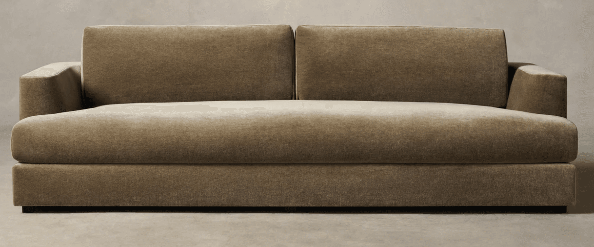 A modern two-seater sofa upholstered in a neutral-toned, textured fabric, featuring a clean-lined silhouette, two large back cushions, and wide, gently sloped track arms that integrate into the main body. The base is recessed, giving it a low-profile and slightly floating appearance. — 3D model