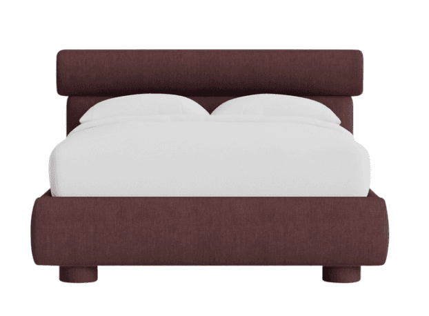 A modern upholstered bed frame with a rectangular headboard and a low profile base. The frame is covered in a textured, dark reddish-brown fabric. The bed is made with a mattress and two white pillows. — 3D model