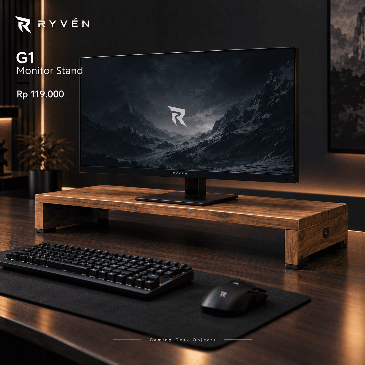 A minimalist, solid walnut monitor stand designed to elevate a display screen, featuring a simple U-shaped form. — 3D model