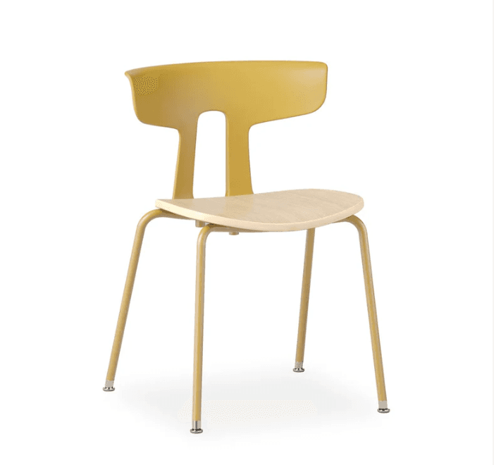 A contemporary side chair featuring a mustard yellow molded plastic backrest with an H-shaped cutout, a light wood contoured plywood seat, and four slender, tapered metal legs in a matching mustard yellow finish with chrome-plated glides. — 3D model