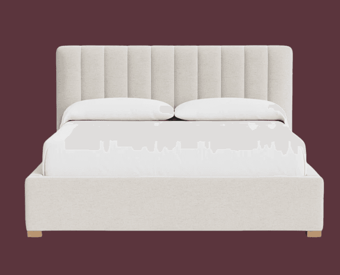 A cream-colored upholstered platform bed with a vertical channel-tufted headboard. The bed frame is also upholstered in the same fabric. It has a low profile and is supported by small wooden legs. Two white pillows are placed on the bed, along with white bedding. — 3D model