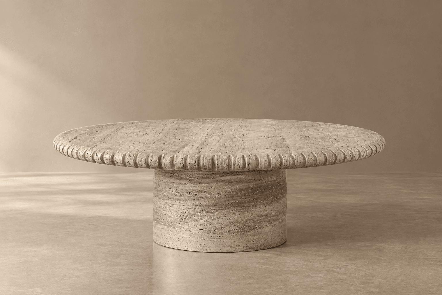 A low-profile, round coffee table crafted entirely from light-colored travertine stone. The table features a thick circular tabletop with a distinctive fluted or ribbed edge detail, resting on a sturdy cylindrical pedestal base. The natural porosity and varied veining of the travertine are visible across the surface. — 3D model