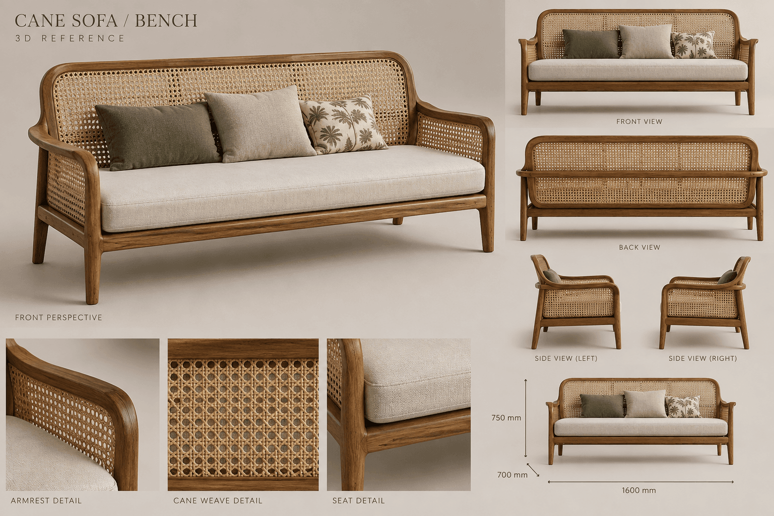 A contemporary three-seater sofa featuring a solid wood frame and natural cane webbing on the backrest and sides. It is equipped with thick, light beige upholstered seat cushions and comes with three accent pillows: two solid-colored (one olive green, one light beige) and one with a subtle botanical pattern. The wooden frame has gently curved armrests and straight legs. — 3D model