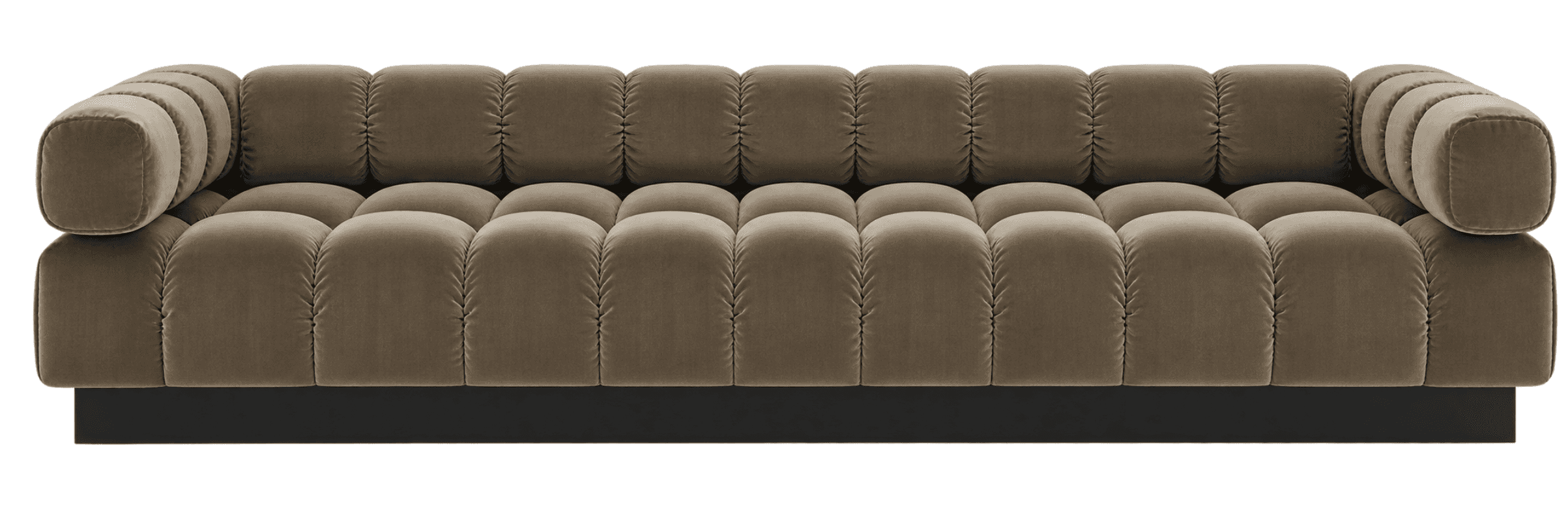 A long, modern sofa upholstered in a plush, taupe-colored velvet fabric, featuring a distinctive cha… — 3D model