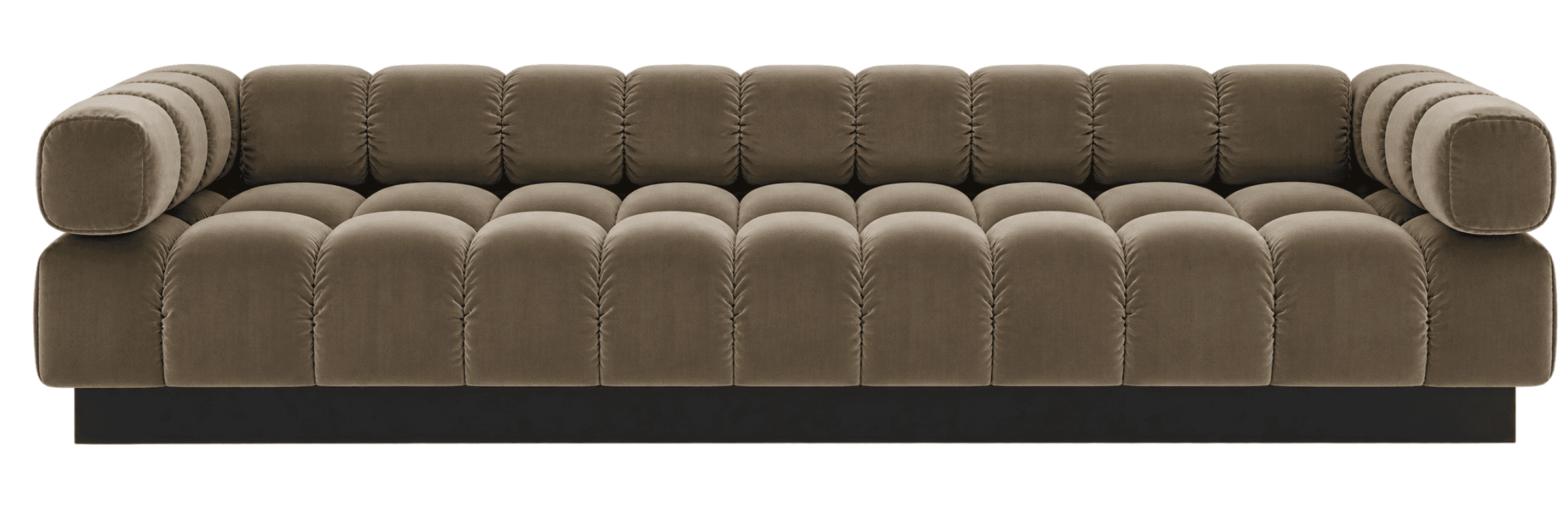 A long, modern sofa upholstered in a plush, taupe-colored velvet fabric, featuring a distinctive channel-tufted design composed of individual, rounded segments that form the back, seat, and armrests. The sofa rests on a dark, recessed plinth base, giving it a low-profile and contemporary aesthetic. — 3D model