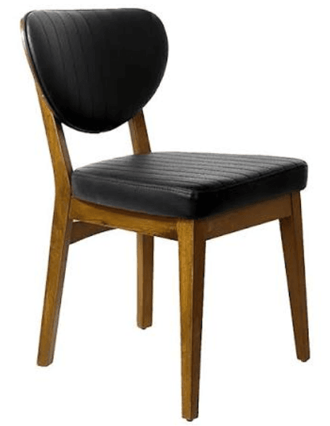 An armless modern dining chair featuring a curved backrest and a cushioned seat, both upholstered in black channel-tufted faux leather. The frame and tapered legs are constructed from medium-toned wood. — 3D model