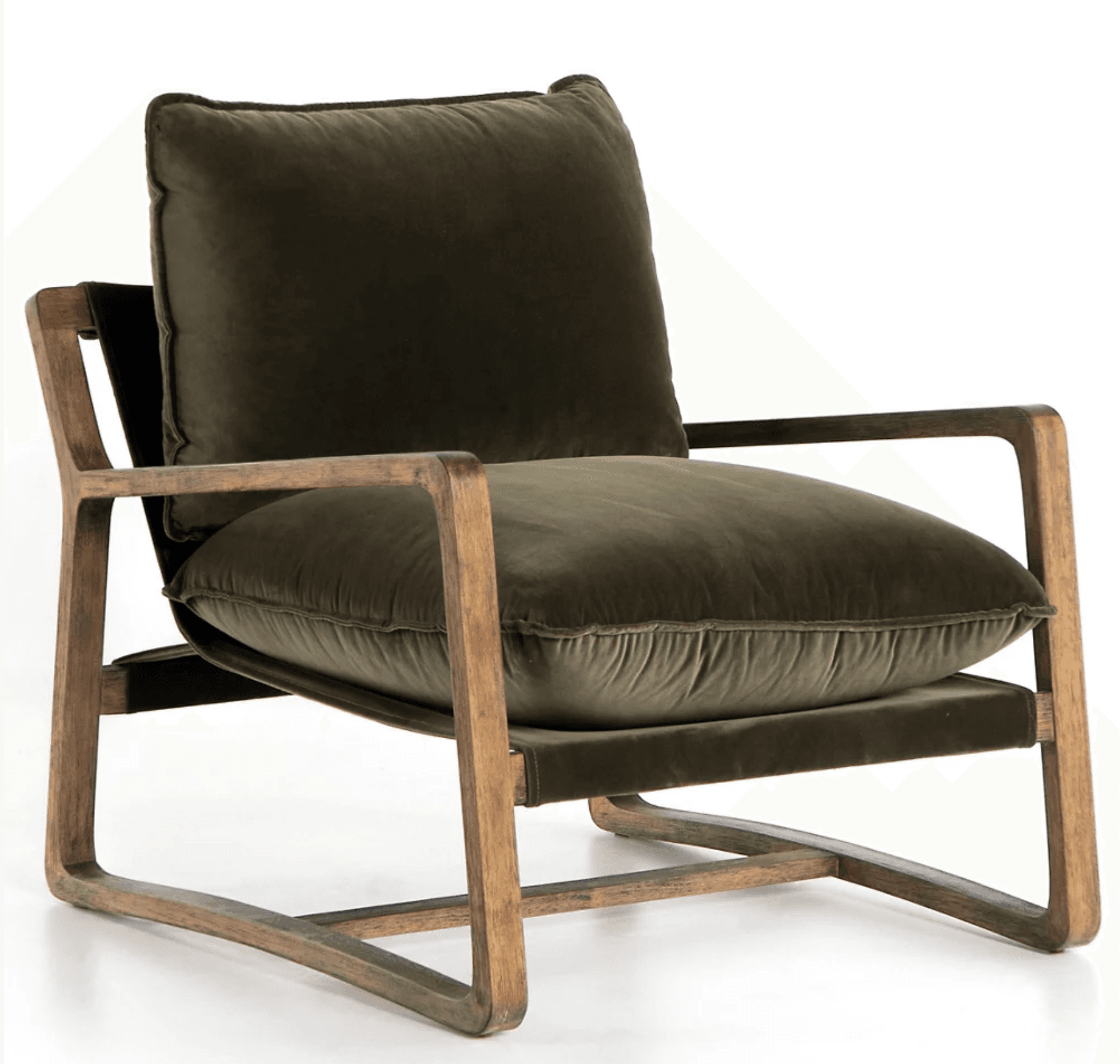 A modern armchair with a visible wooden frame and plush velvet upholstery. The armchair features a square-shaped seat and back cushion, with a slightly curved, continuous wooden frame forming the legs, armrests, and support structure. The back of the frame appears to be constructed from darker, perhaps upholstered, material integrated with the wood. — 3D model