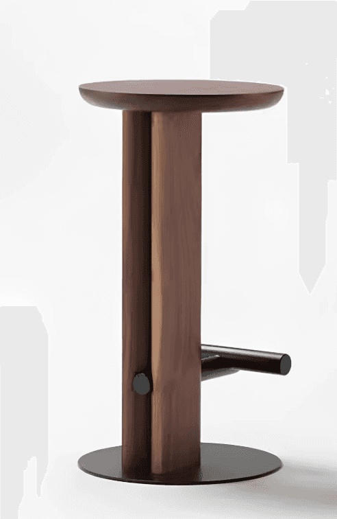 A modern bar stool featuring a dark walnut wood construction for the seat and uprights, contrasted w… — 3D model
