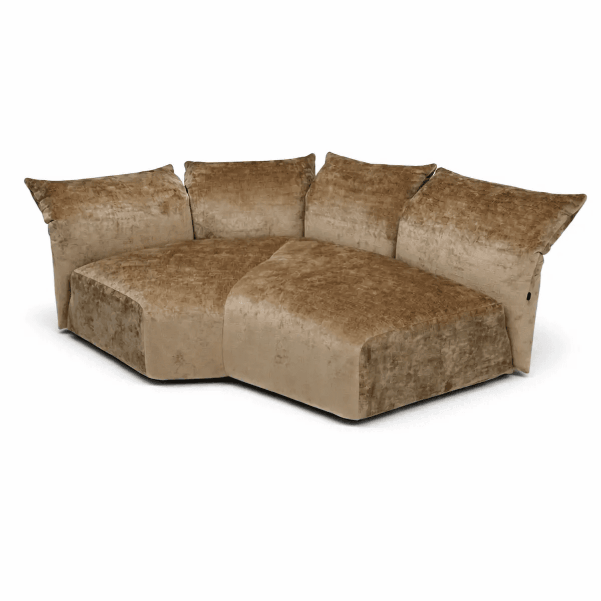 A contemporary L-shaped modular sectional sofa featuring plush, crushed velvet upholstery in a warm light brown or taupe color. The sofa is composed of two main sections forming a corner, with oversized, soft back cushions contributing to a relaxed and inviting aesthetic. Its low-profile base is fully upholstered. — 3D model