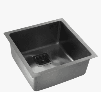 A single-bowl, stainless steel kitchen sink with a rectangular basin and a modern, square-shaped dra… — 3D model