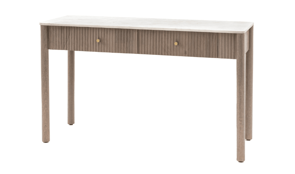 A contemporary console table featuring a rectangular white marble tabletop and a light-toned wooden frame. The table includes two drawers with distinctive reeded or fluted fronts, each adorned with a small, round, brass-toned knob. The structure is supported by four straight, slender wooden legs, matching the light wood finish of the base and drawer fronts. The design emphasizes natural materials and textural detail. — 3D model