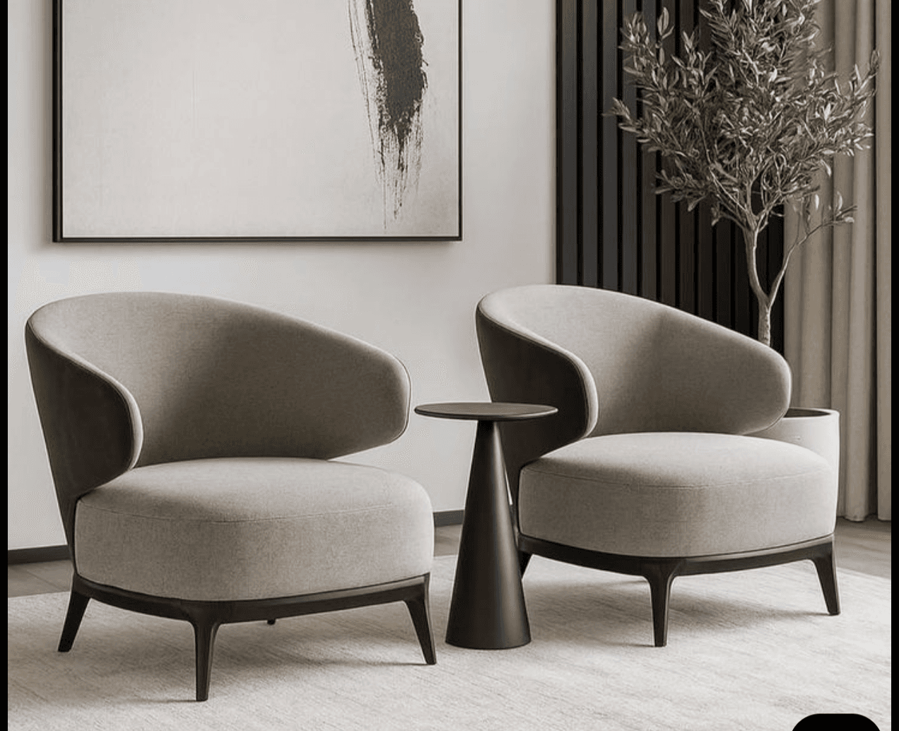 A contemporary club chair featuring a rounded, enveloping design with two-tone upholstery. The inner surfaces (seat, inner back, and inner arms) are upholstered in a lighter beige fabric, while the outer shell of the back and arms is in a darker taupe fabric. The chair is supported by a dark brown or black wooden base and four slender, tapered wooden legs. — 3D model