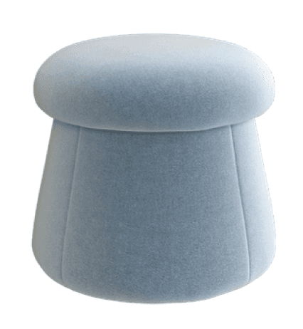 A light blue, plush ottoman with a rounded top and a flared, cylindrical base. The surface appears to be upholstered with a soft fabric, possibly velvet or a similar textured material. The construction suggests a padded interior. — 3D model