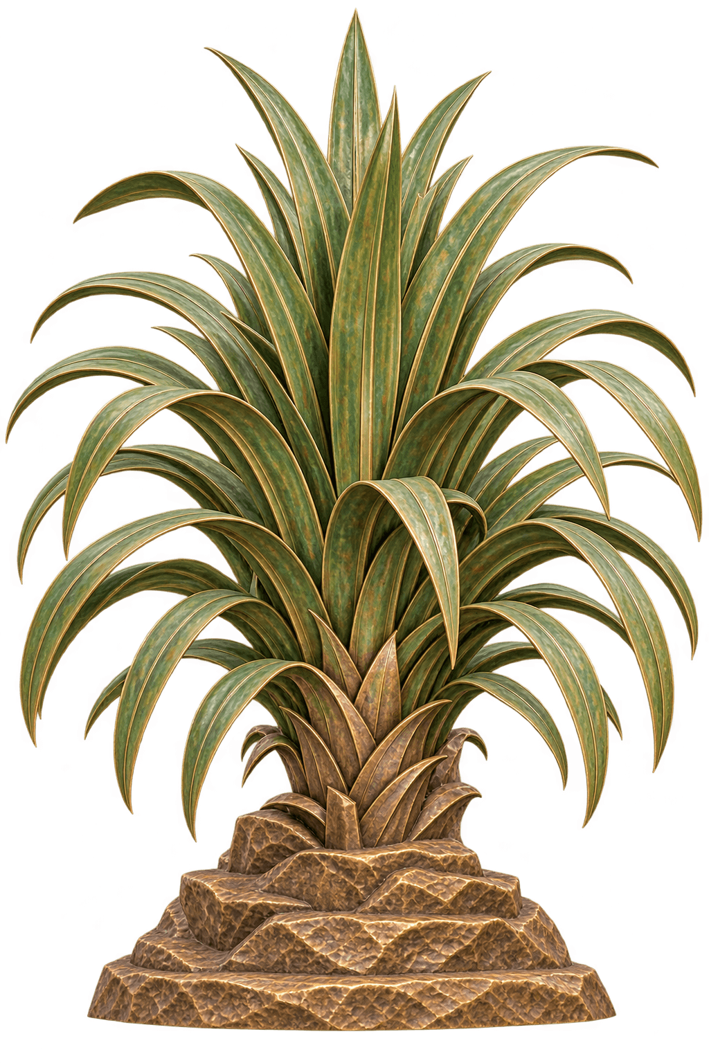 A highly detailed and stylized sculpture depicting an agave-like plant, rendered in what appears to be patinated bronze or a similar metal alloy. The central leaves are arranged in a dense, upright cluster, fanning outwards and downwards, colored with a green verdigris effect that highlights their veins. The lower part transitions into a golden-bronze base with a distinct stepped, textured design, suggesting a carved or hammered finish. The overall form is highly symmetrical and decorative, reminiscent of Art Deco or tropical botanical motifs. — 3D model