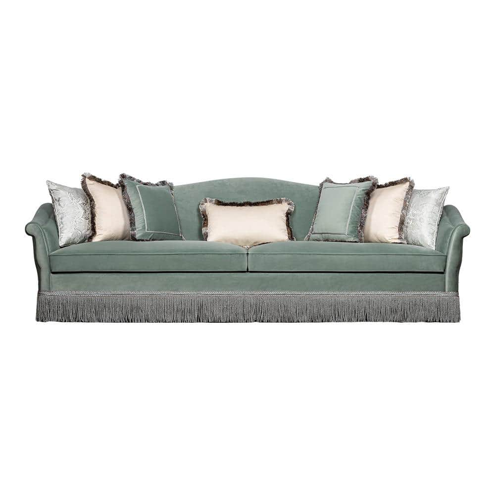 A traditional style three-seater sofa upholstered in a mint green velvet fabric. It features rolled… — free OBJ 3D model