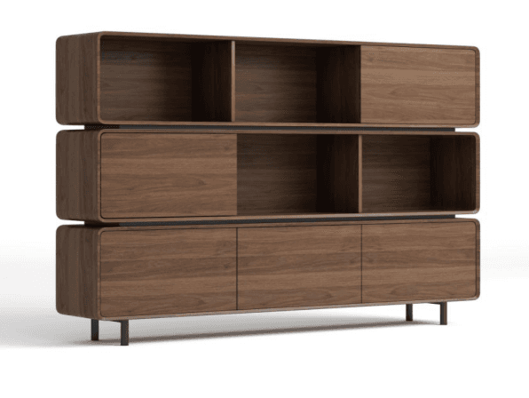 A modern modular storage unit constructed from dark brown walnut wood veneer, featuring a stacked design with three distinct sections. The top and middle sections combine open shelving with closed cabinet compartments, while the bottom section consists entirely of three enclosed cabinets. All visible edges of the wooden modules are smoothly rounded. The modules are separated and supported by thin, recessed black horizontal bands, and the entire unit rests on four slender, dark metal cylindrical legs. — 3D model