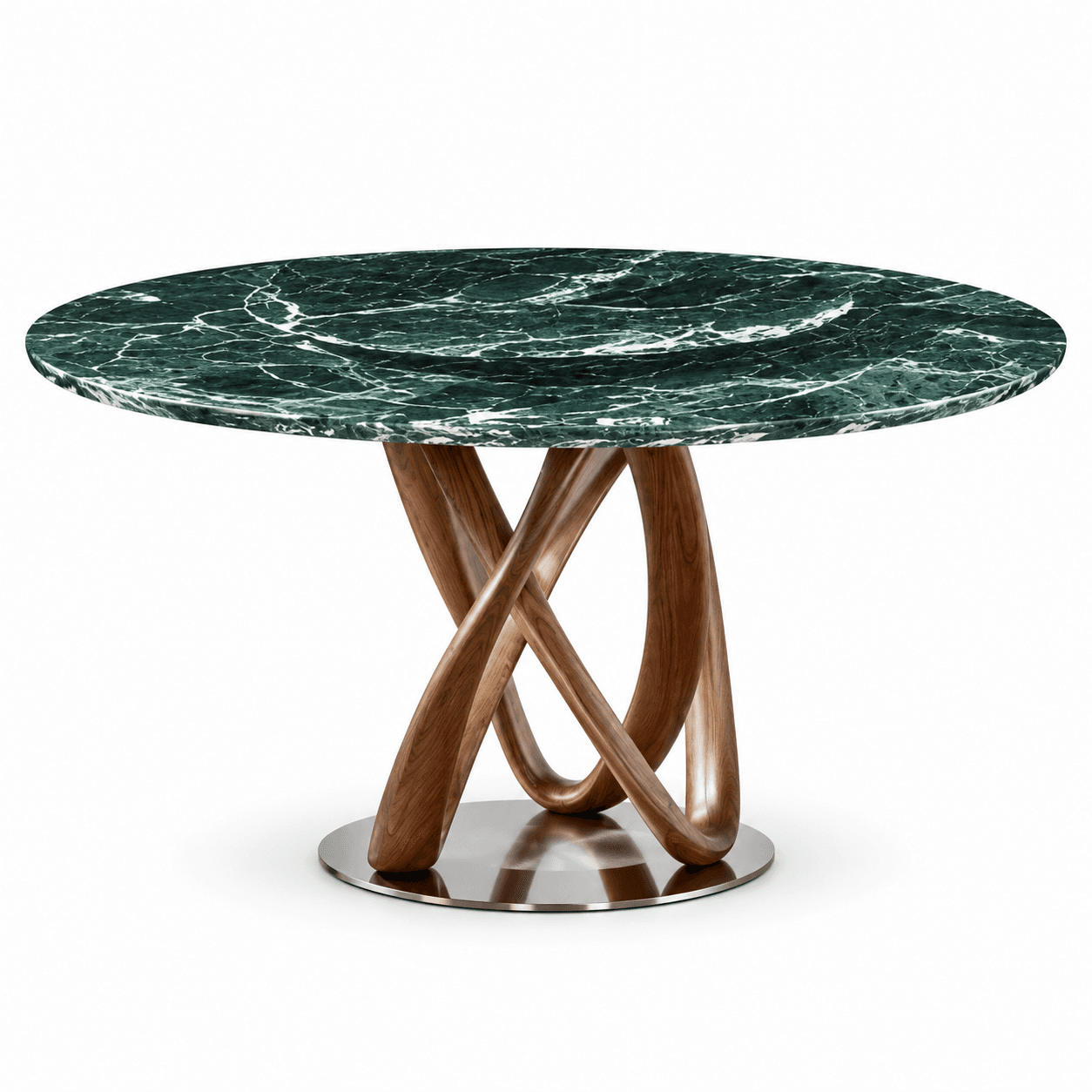 A contemporary round dining table featuring a striking green marble top with natural white veining. The table is supported by a sculptural wooden base composed of multiple curvilinear elements, resting on a polished metal disc for stability. — 3D model