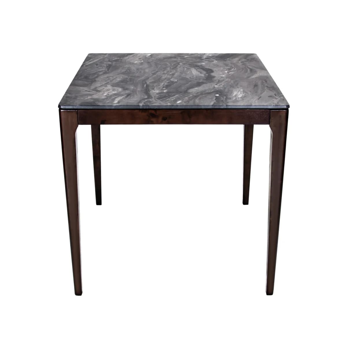 A square table featuring a grey marbled top supported by four dark brown tapered wooden legs. The design is minimalist and modern. — 3D model