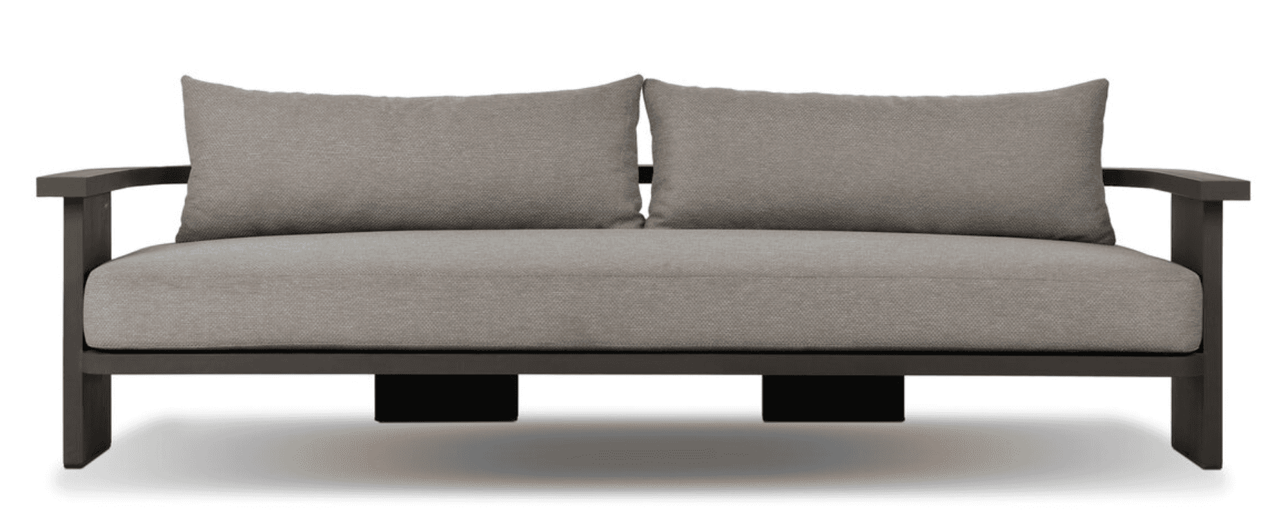 A two-seater outdoor loveseat with a dark grey metal frame and light grey fabric cushions. — 3D model