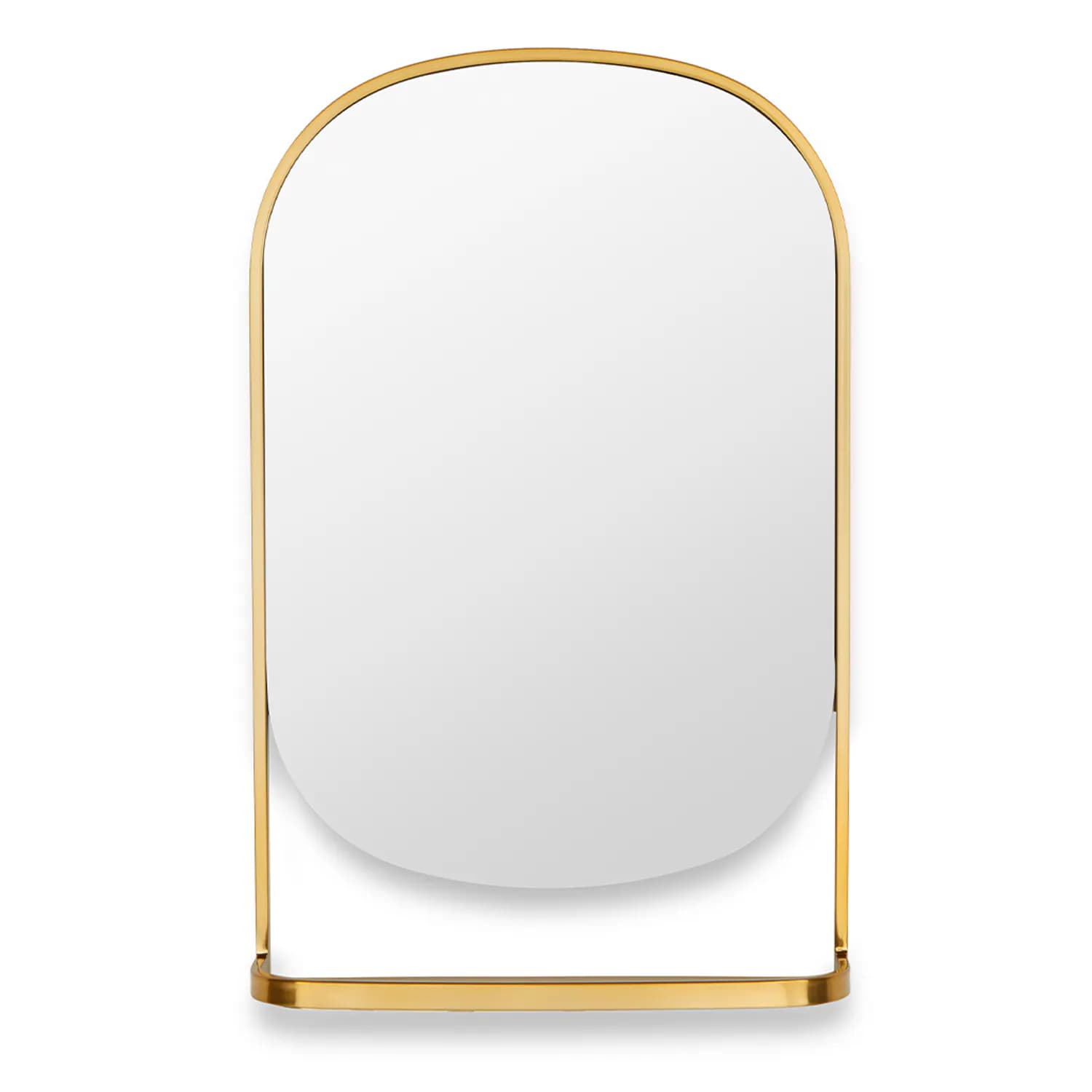 A tall, rectangular wall mirror featuring an arched top and a slender, polished gold-toned metal frame. The mirror glass itself has rounded top corners and a distinct curved lower edge, not extending to the full width of the frame's base. An integrated, shallow metal shelf is positioned at the bottom of the frame, creating a minimalist yet functional design. — 3D model