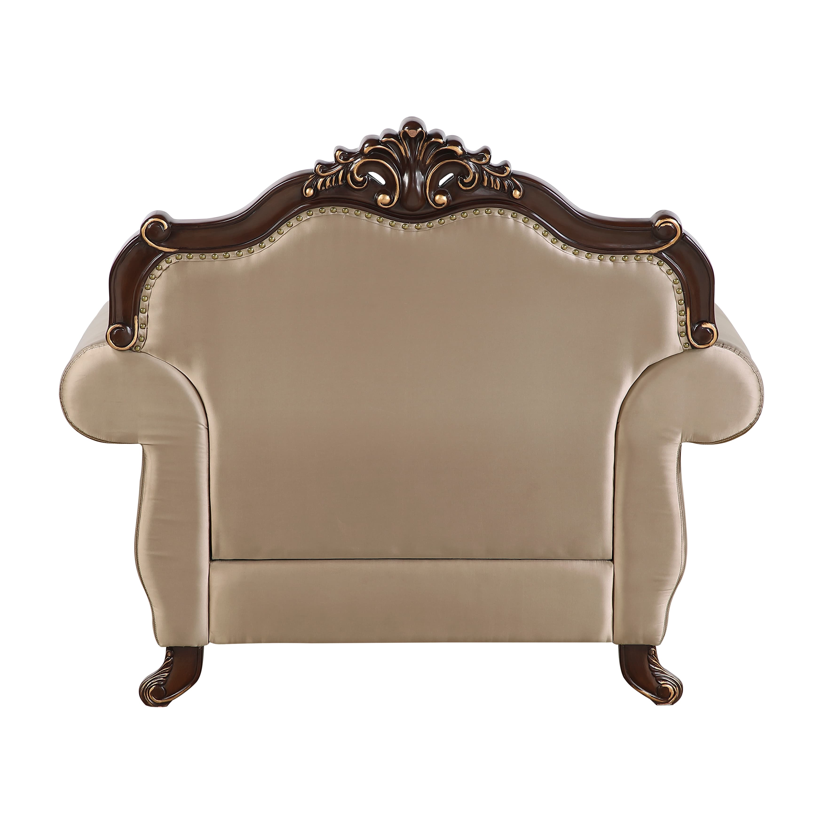An ornate single-seater armchair featuring a dark, richly carved wooden frame with gilded accents, and plush, light beige upholstered seating. The chair's design includes a prominent crest rail with intricate rococo-style carvings, scrolled armrests, and cabriole-style legs, all detailed with gold. The upholstery is secured by continuous brass nailhead trim along the edges. — 3D model