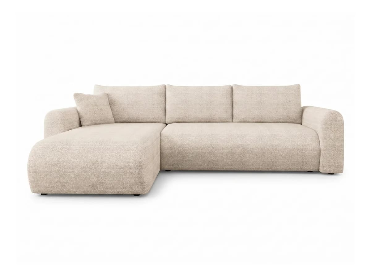 A contemporary L-shaped sectional sofa upholstered in a light beige, textured fabric. The sofa features a three-seat main section with an attached right-hand facing chaise lounge, offering ample seating and lounging space. It has rounded arms and plump, loose back cushions, suggesting a comfortable and inviting design. — 3D model