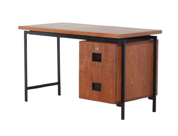 A Mid-Century Modern desk featuring a rectangular wooden tabletop and a black metal frame that integ… — 3D model