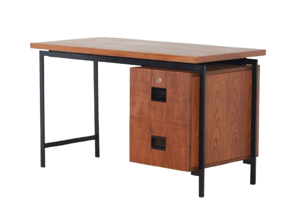 A Mid-Century Modern desk featuring a rectangular wooden tabletop and a black metal frame that integrates a three-drawer storage unit. The top drawer includes a lock, and all drawers have recessed black pull handles. The desk combines wood and metal for a minimalist yet functional design. — 3D model