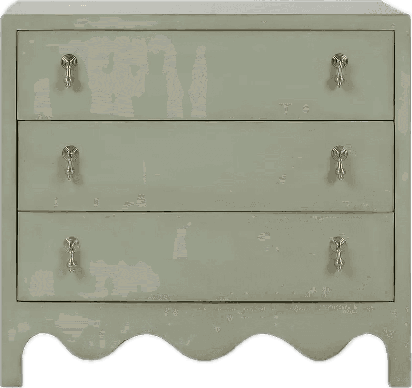 A three-drawer chest of drawers finished in a soft sage green color, featuring decorative brass-tone… — 3D model