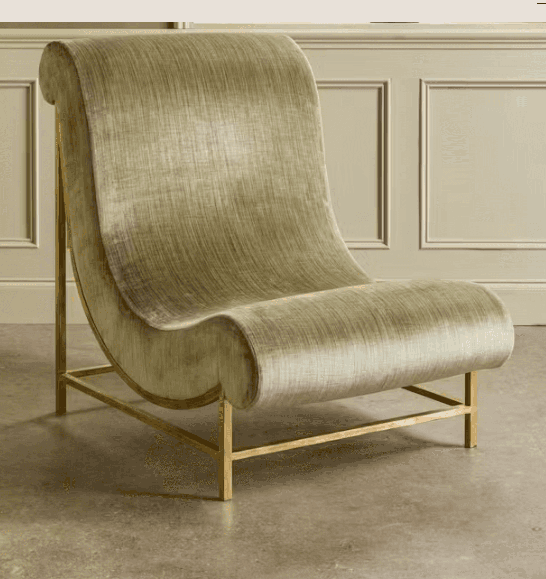 A modern lounge chair featuring a continuous, curved form upholstered in muted olive green velvet, s… — 3D model