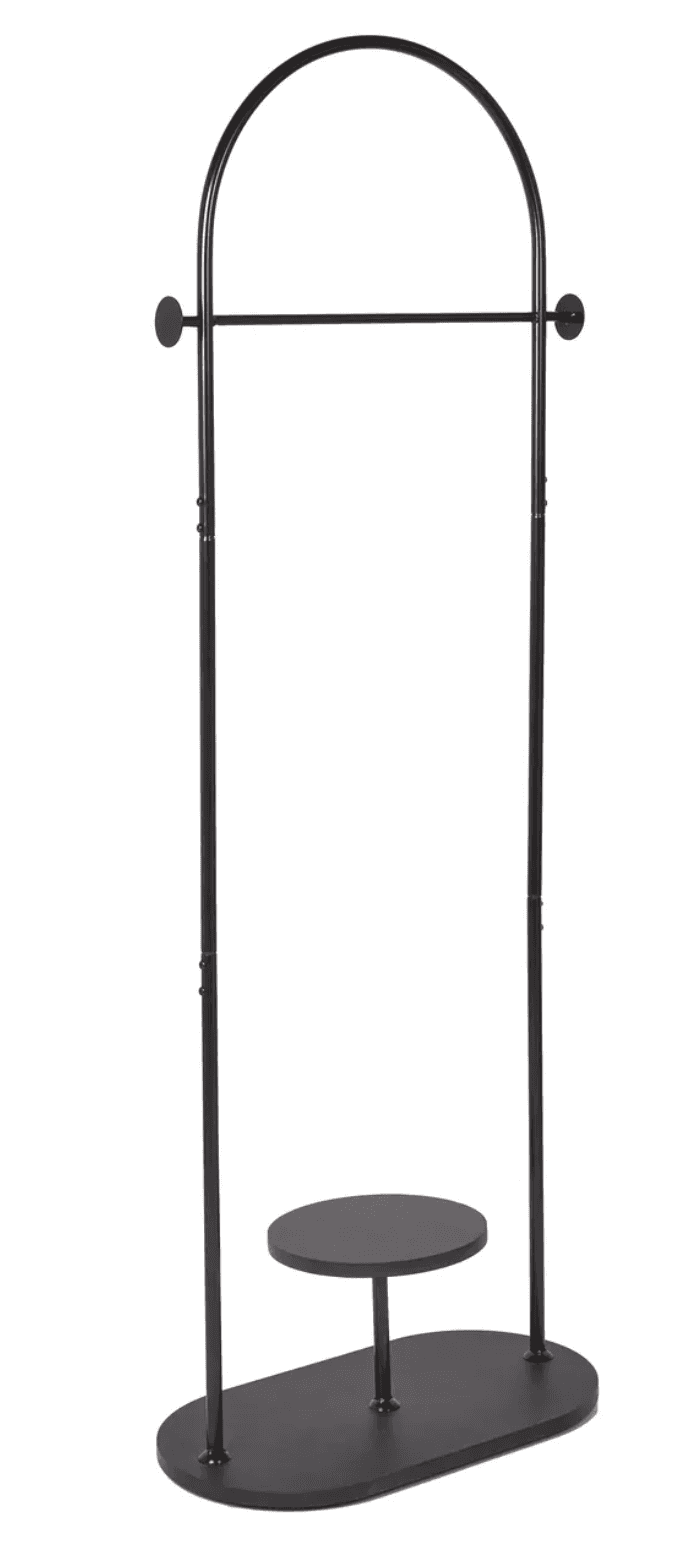 This is a minimalist, freestanding clothes rack constructed from dark metal. It features an arched t… — 3D model