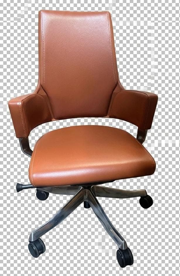 A modern office chair featuring tan-brown leather upholstery, a high back, and integrated armrests. It is supported by a polished silver-tone five-star base equipped with black casters for mobility. The chair appears to have a swivel and tilt mechanism. — 3D model