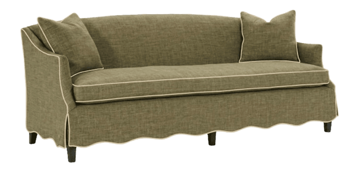 A three-seater sofa with a curved back and flared arms. It features a tailored skirt with a scalloped hem and is accented with contrast piping along the edges of the cushions, arms, and skirt. Two matching throw pillows are placed on the sofa. The sofa is elevated by four dark, block-style legs. — 3D model