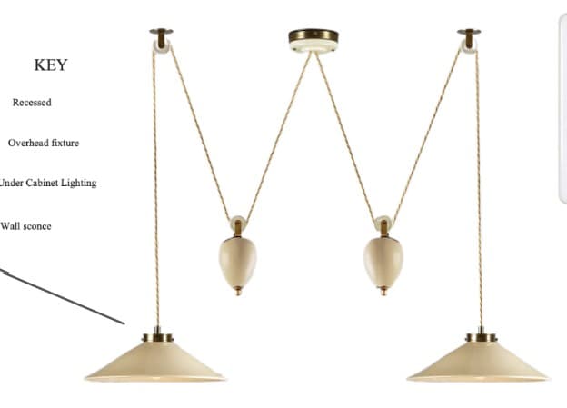 An adjustable pulley pendant light featuring two individual light sources suspended from a central ceiling mount. Each light has a conical or dish-shaped cream-colored shade, supported by brass-finished metal components. The suspension system includes braided cables, brass pulleys, and teardrop-shaped cream-colored counterweights, allowing for height adjustment of each shade independently. The overall design suggests a blend of functional industrial elements with a refined aesthetic. — 3D model