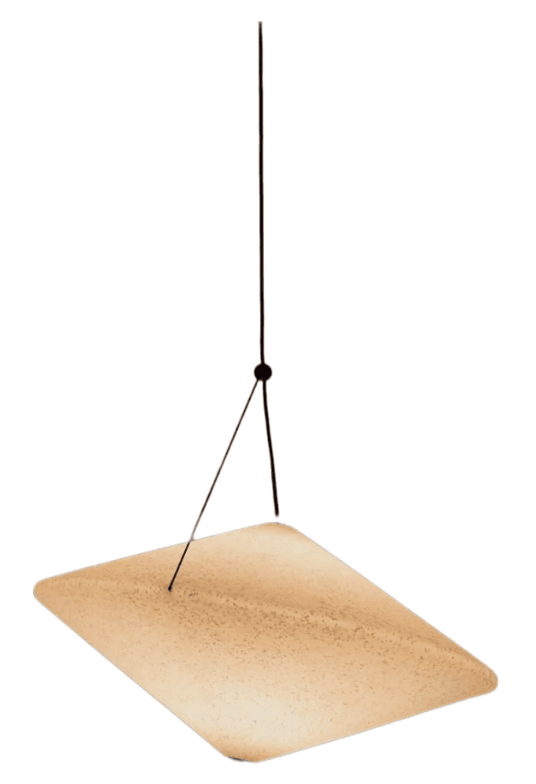 A modern and minimalist pendant light featuring a flat, rectangular panel of frosted glass or acrylic, suspended by slender wires from a single point. The shade has a subtly textured, translucent appearance, emitting a soft, diffused light. — 3D model