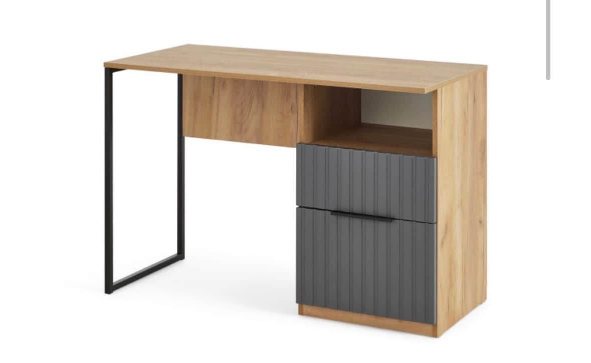 A modern desk featuring a light wood-look tabletop and an integrated storage unit on the right. The… — 3D model