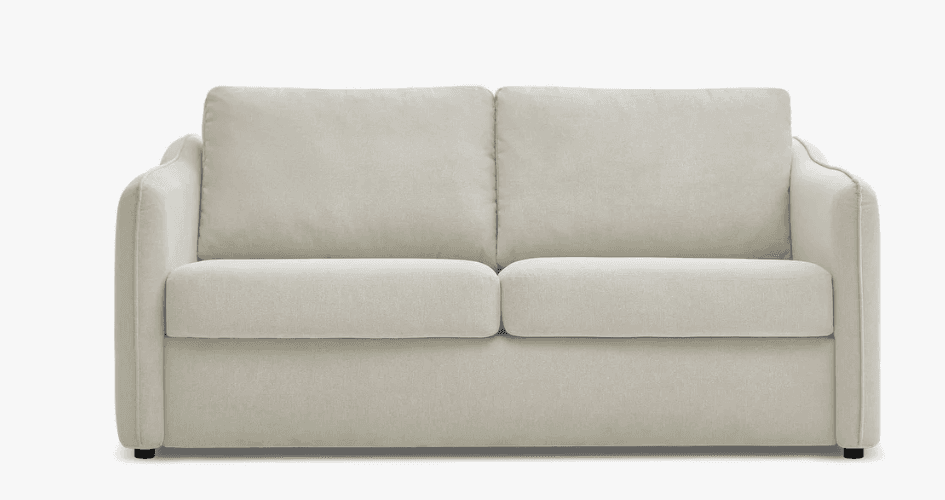 A contemporary two-seat loveseat upholstered in a light beige fabric, featuring soft lines, plush cushions, and short, discreet feet. It is designed for comfort and fits well in modern living spaces. — 3D model