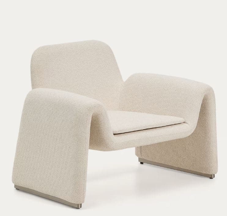 A modern lounge chair featuring a distinctive sculptural silhouette, entirely upholstered in a textured, off-white fabric. The chair's form appears to be molded as a single continuous piece, with rounded edges defining the back, seat, and substantial integrated armrests that curve down to form the front legs. The chair is low-slung, with a visible, slender metal base providing stability at the bottom of the curved legs. — 3D model