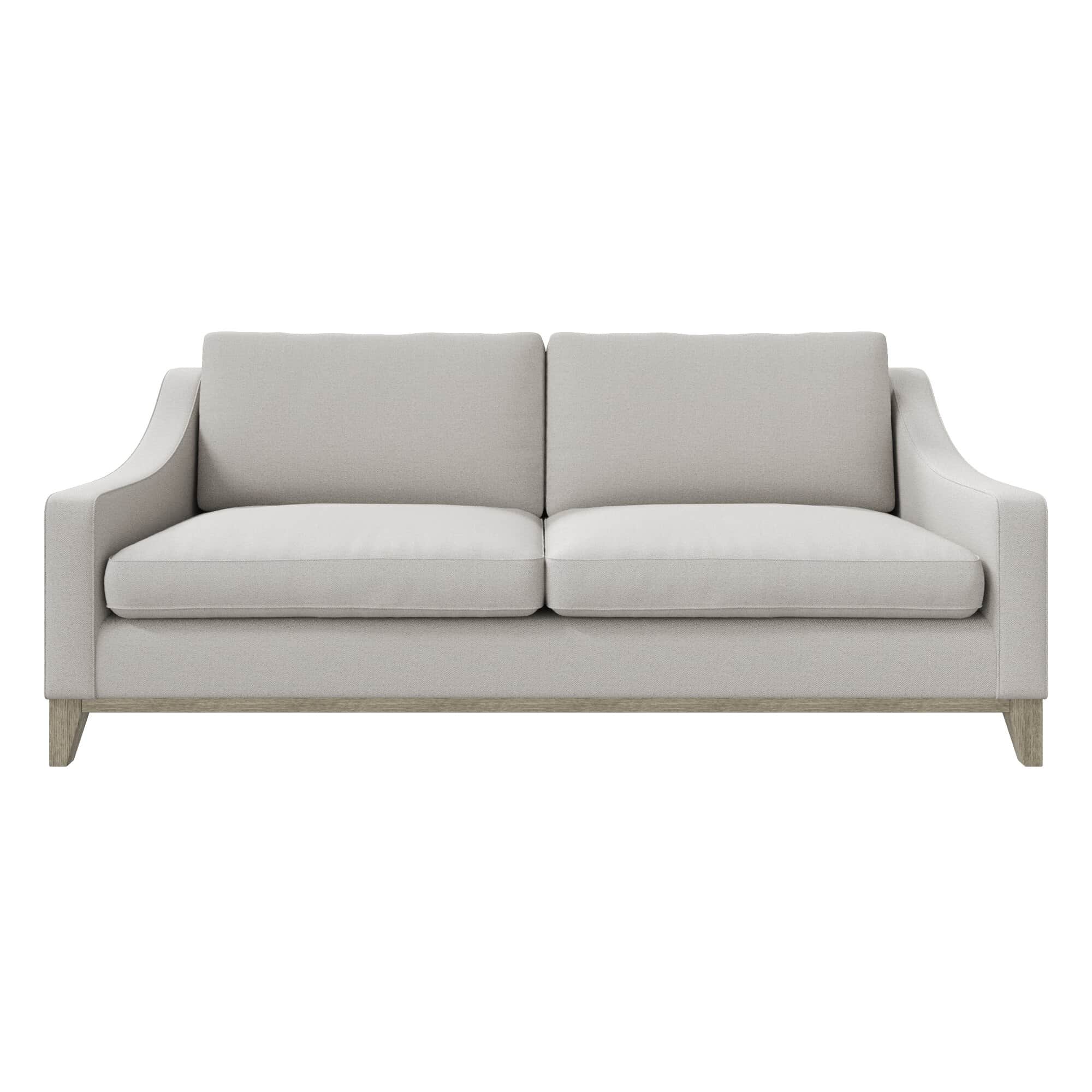 A contemporary sofa with a light-colored fabric upholstery. It features two seat cushions and two ba… — 3D model