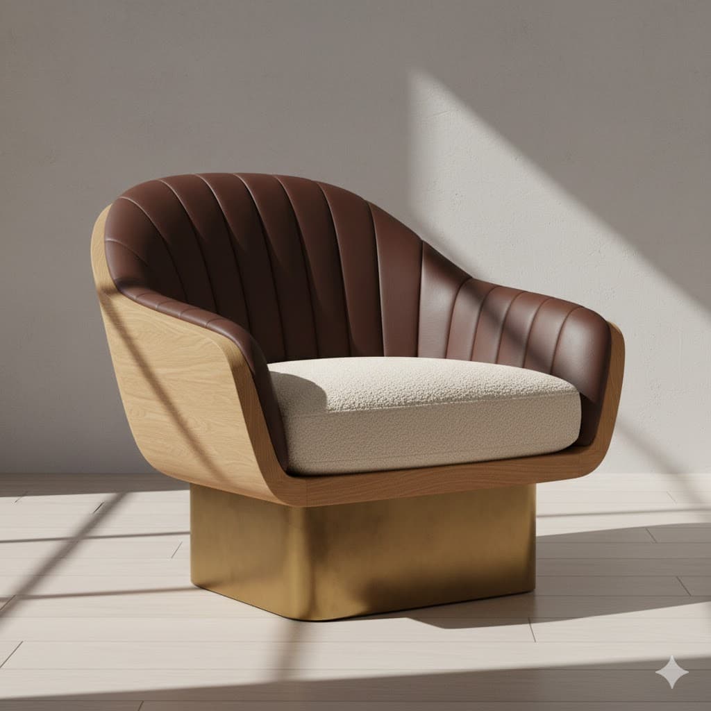 A modern armchair with a distinctive design. The chair features a curved wooden shell that wraps around the seat and backrest. The backrest is upholstered in a rich brown material with vertical channel tufting. The seat cushion is upholstered in a textured, light-colored fabric. The chair sits on a substantial, square-shaped base with a metallic gold finish. — 3D model