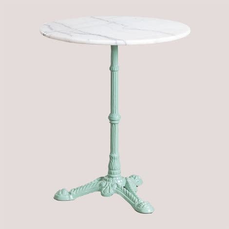A round bistro-style table featuring a white marble top and a mint green ornate cast iron pedestal base with three splayed legs. — 3D model