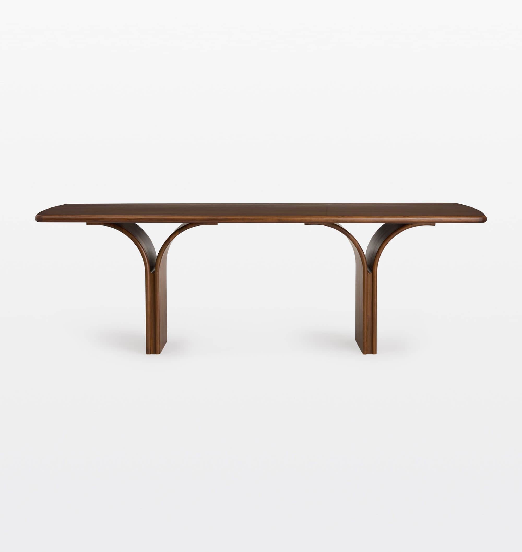 A long, narrow bench constructed from dark-toned wood, featuring a rectangular top with rounded edge… — 3D model