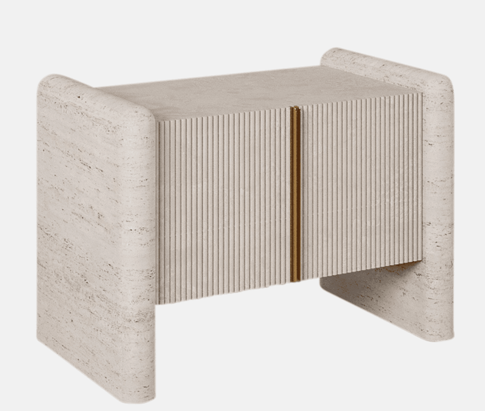 A compact rectangular cabinet featuring a natural travertine construction. The front panel has a dis… — 3D model