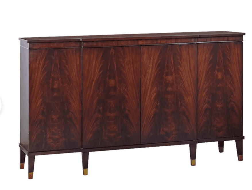 A long, low dark wood sideboard or credenza featuring four doors with striking book-matched veneer p… — free SKP 3D model